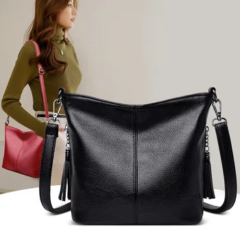 Мода тенденция на чанти-незабавни посланици от мека Кожа, ежедневното кофа, Реколта чанта-тоут с пискюли, дамски Чанти през рамо