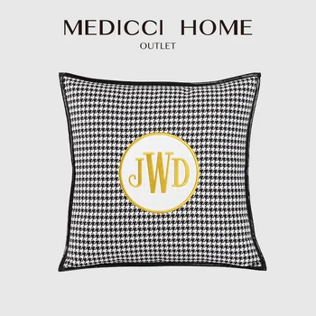 Калъфка за възглавница Medicci Home Accent в клетката Модерен дизайн, модерна тапицерия с бродерия, калъфка за дивана, с кожена кант
