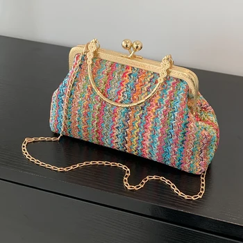 Модна дизайнерска чанта, луксозни Дамски чанти, вечерни клатч, цветна слама тканая чанта-миди, чанта за плаж, отдих, чанта през рамо