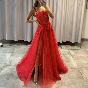 Червени вечерни рокли с Дълъг лейси апликация на тънки спагети презрамки трапецовидна форма с нарязани във формата на сърце за официални партита, женски рокли за бала