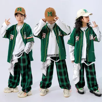 Детски облекла в стил Хип-Хоп, Ежедневни тениски с Принтом, Свободни Зелено Каре Панталони За Бягане За момчета И Момичета, Бейзболна форма за Джаз танци