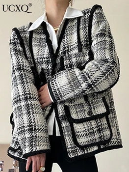 UCXQ-Дамски елегантни якета в клетка с джобове, Casual стил, V-образно деколте, Дълъг ръкав, Свободна мода, Tide, Есен, 2023, 23 KX1099, Новост