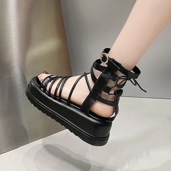 Дамски обувки 2023, лидер на продажбите, дамски сандали с каишка на щиколотке, ежедневни сандали на платформа дамски однотонная обувки в римски стил, женски Zapatillas De Mujer