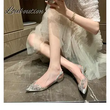Летни дамски сандали 2023 г., прозрачни многостранни сребърни дамски сандали на ниско обувки, ежедневни сладък женски обувки в приказен стил