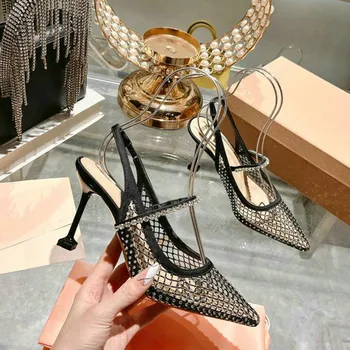 Луксозни дамски обувки-лодка от прозрачна PVC, луксозни кристали, сватбени обувки на висок ток, лятна обувки за бала
