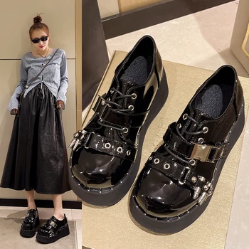 Обувки Mary Jane/2023 г., есенни дамски обувки-лодка с метален декор, дамски обувки на платформа и танкетке, обувки за партита в стил пънк, дамски обувки