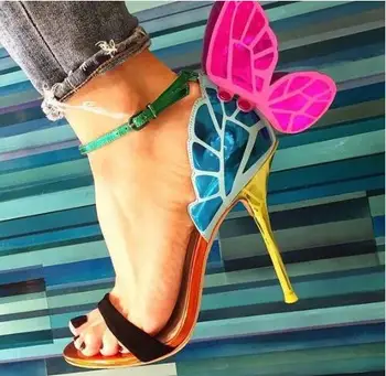 Великолепните цветни сандали на висок ток-висок ток с пеперуди, Обувки с отворени пръсти, секси модни обувки-лодки, кожени обувки с крила на Ангел