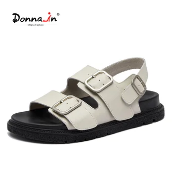 Donna-in Ежедневни дамски сандали в ретро стил от спилка, новост 2023 г., годишната римска обувки на плоска подметка с дебела подметка, мека Ins, модни плажни обувки за пътуване