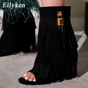 Eilyken/ Дизайнерски Джапанки на танкетке с ресни, Дамски официални обувки за Бала на Висок Ток с Отворени Пръсти, 2023, Пикантни женски обувки-лодка с цип
