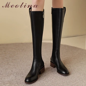 Meotina/ дамски ботуши до коляното от естествена кожа за езда джоб с кръгло бомбе и блочным среден ток, есенно-зимни обувки