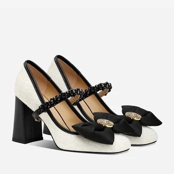 Нова марка Qulaity/ дамски обувки-лодка на високо масивна обувки с квадратни пръсти, черно-бяла рокля с пеперуда и възел, вечерни сватбени женски обувки-лодка