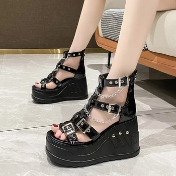 Летни сандали на платформа с кристали и ключалката, женски стръмни обувки на танкетке 10 см, увеличаване на височината на шипове, с отворени пръсти, блестящи обувки, големи размери 43