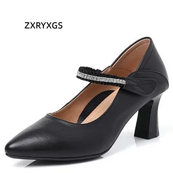 ZXRYXGS/новост 2023 г.; пролетно класически обувки от естествена кожа със кристали; дамски обувки-лодка; обувки с остри пръсти, за банкет на висок ток