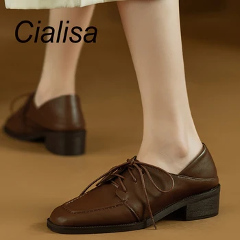 Реколта дамски обувки Cialisa/новост есента 2022 г., новост от естествена кожа с квадратни пръсти, удобни дамски обувки на среден ток кафяво 40, ежедневни обувки