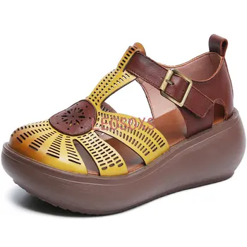 Дамски сандали, летни открити етнически куки от естествена кожа, модни обувки на платформа и танкетке, смесени цветове, елегантни обувки на Zara Woman 2023