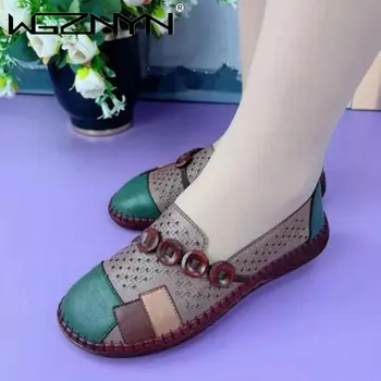 Новост 2023 г., дамски обувки средна възраст в Ретро стил, есенен дизайн с цветен блок, Комфортна Мека Подметка, Дишащи дамски лоферы за майки с Мрежа