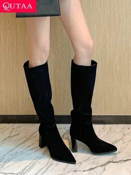 QUTAA / 2023/ дамски ботуши до коляното, детски велурени обувки на платформа с остри пръсти, модни дамски ежедневни обувки на висок квадратен ток, есен размер 34-39
