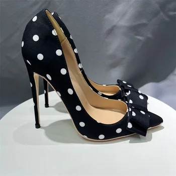 Дамски Модерни Ежедневни обувки на висок ток с остър петите в черно грах на ток 10 см, украсени с възли, Дамски Обувки на ток 34-45