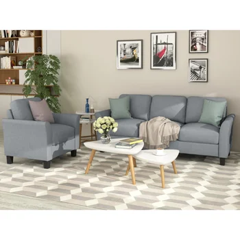 Мебели за хола, стол и 3-местен диван (сив), сиво плат [в наличност в САЩ]