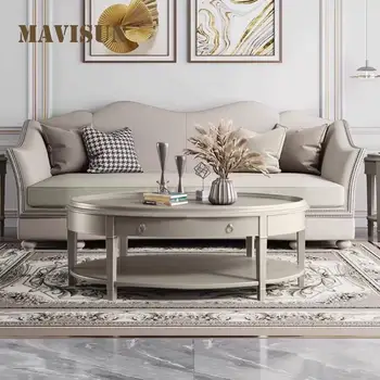 Чай маса от масивно дърво в италиански стил с чекмеджета за съхранение на Луксозни мебели за дневна, луксозен диван, овална странична масичка за кафе