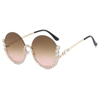 Кръгли метални слънчеви очила с диаманти, дамски слънчеви очила в полурамке, градиентные нюанси, дамски слънчеви очила