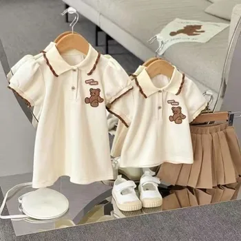 Бебешка рокля-поло за момичета, нова лятна рокля, тениска с къс ръкав за малки деца, комплект с плисирана пола, комплект от две части в академик стил