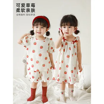 Тениска с ягоди за момичета, панталони, комплект за домашно костюм, лятно детско хубава рокля, комплект от две части