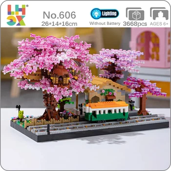 3D Изглед към улицата Строителни блокове на Черешово дърво Къща Влак Модел на жп гара DIY Диамантени мини тухли Играчки за деца, Подарък без кутия