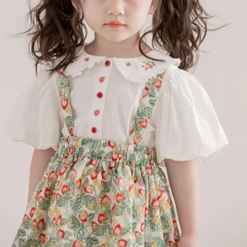 Комплект детски дрехи, дрехи за момичета, риза с кукла деколте + Рокля с флорални каишка, Лято 2023