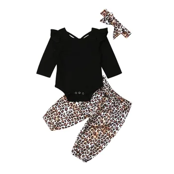 Сладък Комплект дрехи за момиченца от 3 теми, однотонное боди + леопардовые панталони + превръзка на главата, комплекти за дрехи