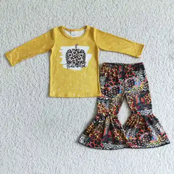Горещи стоки, жълта риза с ръкави RTS, разкроена панталони с тиква за деца, комплект дрехи за малките момичета, детски есен облекло