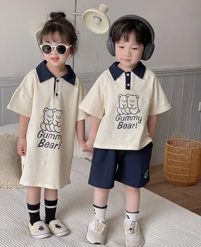 2023, корейски Летен детски комплект дрехи за братя и сестри, костюм с писмото принтом Мечок от анимационен филм, отложной яка, дрехи с къси ръкави