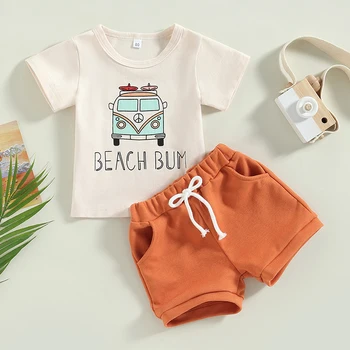 Плажни дрехи за малки момчета, тениска с къс ръкав и принтом автобус + къси панталони с джобове, комплект