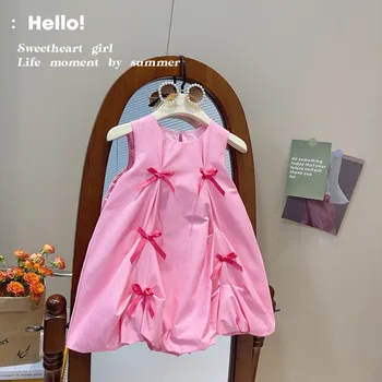 Корейска версия за годишни момичета 2023 година, розово красива рокля без ръкави, с хубав нос, памучен вътрешната част, детска пола, Тенденция 23168