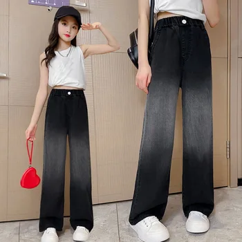 2023 Детски тесни дънкови панталони, с наклон за момичета, модни широки дънкови панталони с цветни блокчета, пролетно-лятна градинска облекло