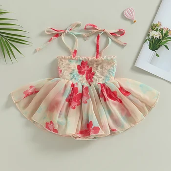 Рокля-гащеризон с цветен печат за малки момичета 0-18 м, летни дрехи за новородени, сетчатое рокля трапецовидна форма с рюшами на спагети презрамки, панталони