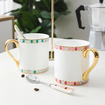 Луксозна парна чаша от светъл костен порцелан, двойка керамични чаши кафе на голям капацитет, с лъжици