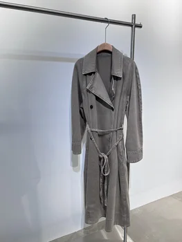 2023 Нов дамски деним тренч, шик основи, однотонное винтажное дълго палто с отложным яка, елегантна висококачествено луксозно дизайнерско рокля за подиум