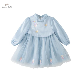 Дейв Bella/рокля за новородени момиченца с дълъг ръкав, бутик, синьо пролетно-есенни рокли, детски дрехи DB1230446