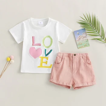 FOCUSNORM / Летни комплекти дрехи за малките момичета от 5 до 9 години, ризи с къси ръкави и писмото принтом, Топове, дънкови шорти обикновена