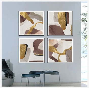 фолио Скандинавските стенни картини върху платно, Хол, Офис Начало Декор Абстрактни картини на мраморната платно Кафяви злато