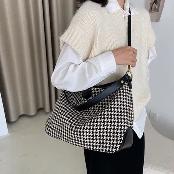 Есен нова класическа черно-бяла дамска чанта с принтом под формата на хаундстута, мека чанта, пазарска чанта, дамски прости чанти