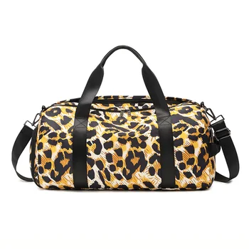 Спортна чанта с леопардовым принтом, женствена чанта с голям капацитет, преносими пътни чанти с наклонена оседланностью, чанта за суха и влажна с отделяне на дрехи