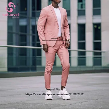 Модерни розови вечерни приталенные костюми за мъже, комплект от 2 теми, яке и панталони, официален сватбен смокинг за младоженеца в африканския стил, костюм Homme Mariage