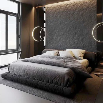 Легло от италиански плат, лека луксозно легло, Модерна проста начало легло, двойно легло 1,8 м, Модни минималистичная ниска легло