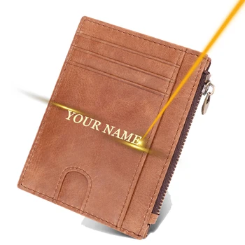 Безплатен държач за карти от естествена кожа с гравиран, RFID-калъф, мъжки женски портфейл за монети, банковата кредитна карта, лична карта, в чантата си за дребни пари, Индивидуален подарък
