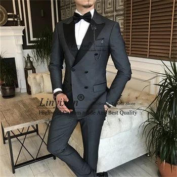 Официални тънки мъжки костюми, двубортные сватбени смокинги за младоженеца-комплект от 2 теми, бизнес мъжки сако, панталон, костюм Homme