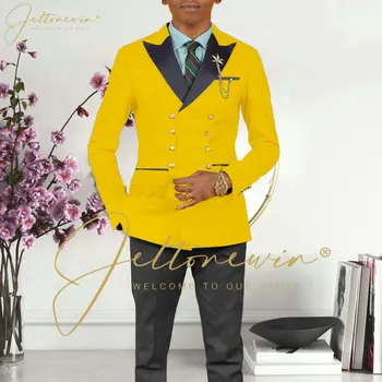 Модерен Двубортный дизайн, жълто сако, смокинги за младоженеца-мъжки сватбена рокля с ревера, мъжки празнична дрехи (яке + панталон)