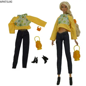 Жълт Модерен комплект кукольной облекло за кукли Барби, облекло за кукли 1/6, Аксесоари за кукли Барби, съкратен топ, Дънки, Панталони, Обувки, Чанти, Играчки