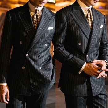 Мъжки костюм сако, панталон от 2 теми, двубортный, с остър ревери, в бизнес тънка ивица, официален сватбен костюм на младоженеца, изработена по поръчка Homme